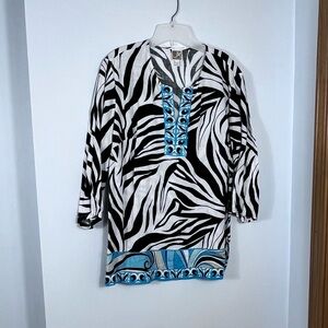 JM Collection Black and White Linen Zebra Print Top With Aqua Blue.